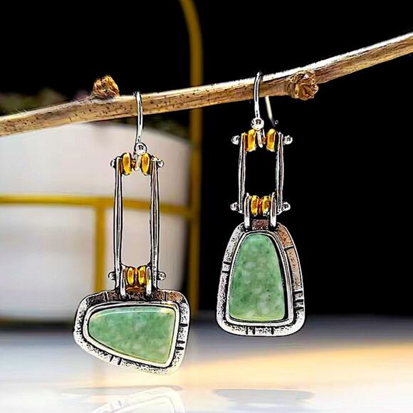 Vintage Silver Turquoise Asymmetrical Geometric Bohemian Boho Earrings - Picture 6 of 7